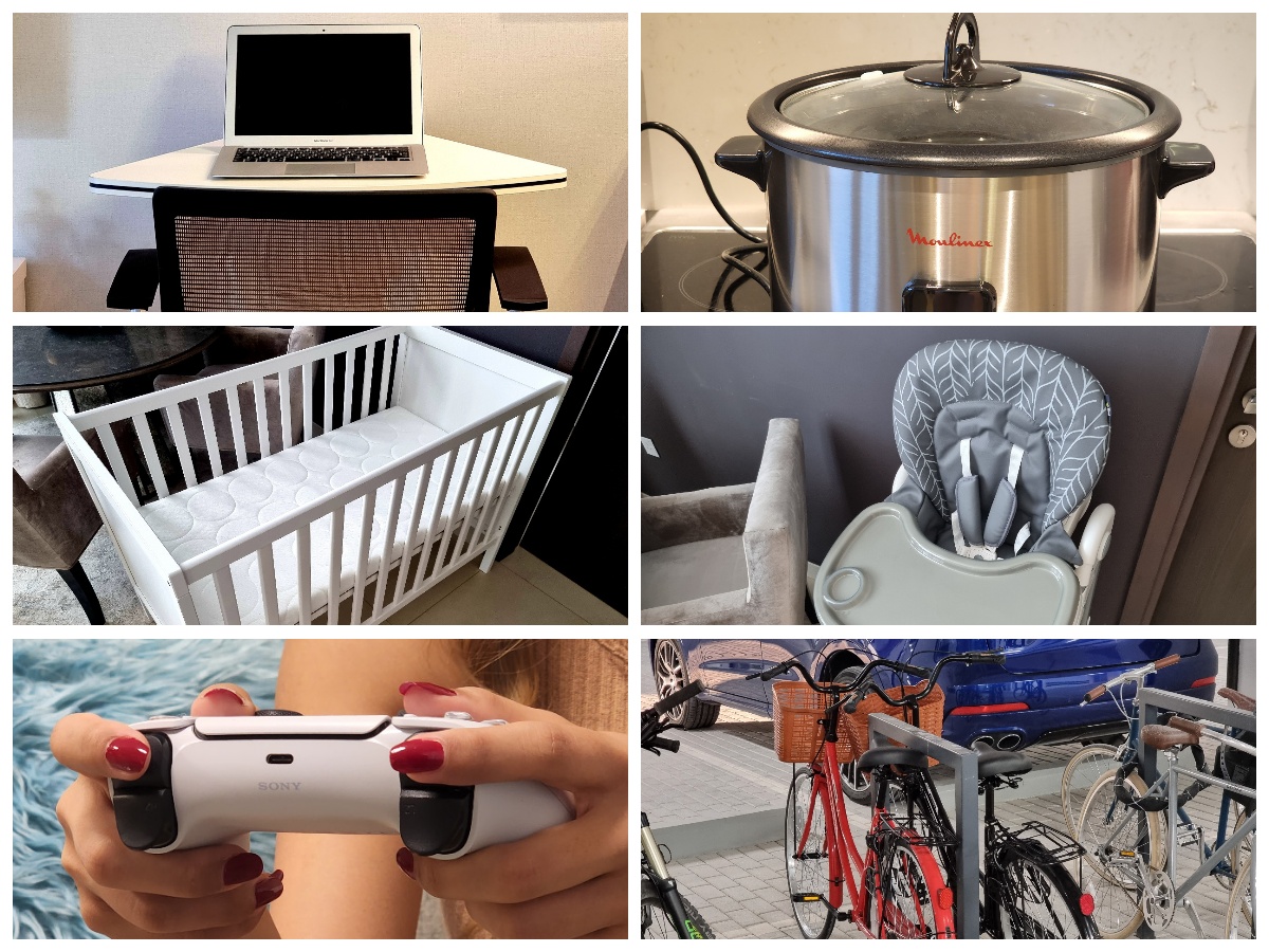 Options: Home Office, Rice cooker, Crib, High chair, PS5, bikes
